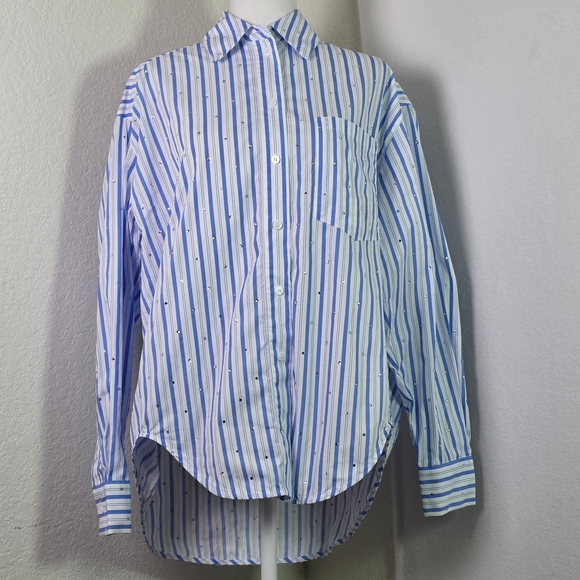 NWOT Essentiel Antwerp Blue White Striped Sequin Button Down Shirt Women’s Sz M - Picture 1 of 11